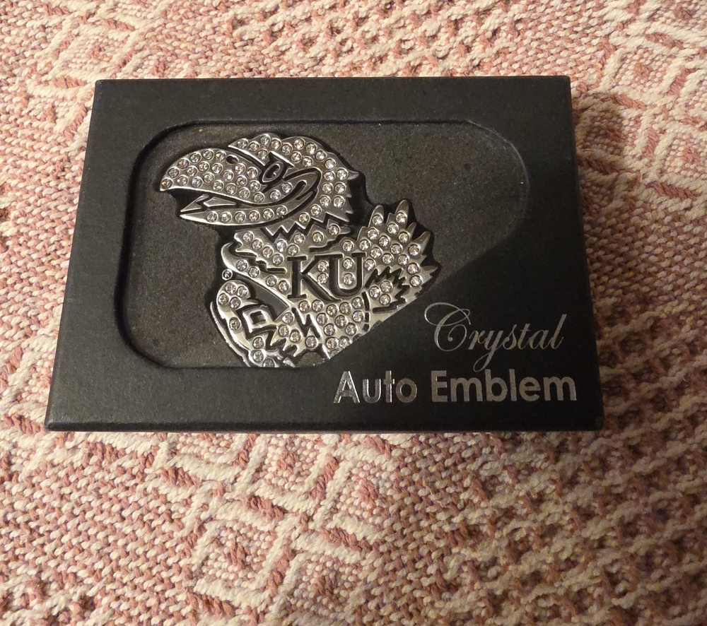 KU Crystal Auto Emblem - Silver Rhinestone Jayhawk